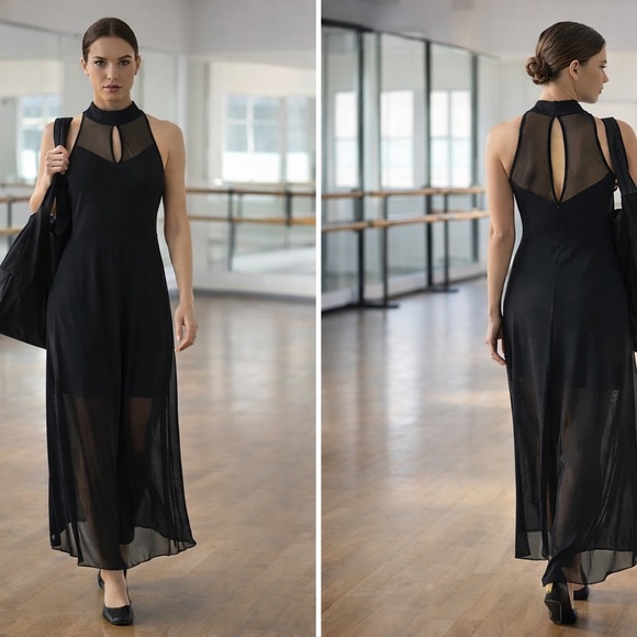 Balera Black Halter Mesh Wide-Leg Dance Jumpsuit Snap Neck Contemporary,Size S - Picture 3 of 8